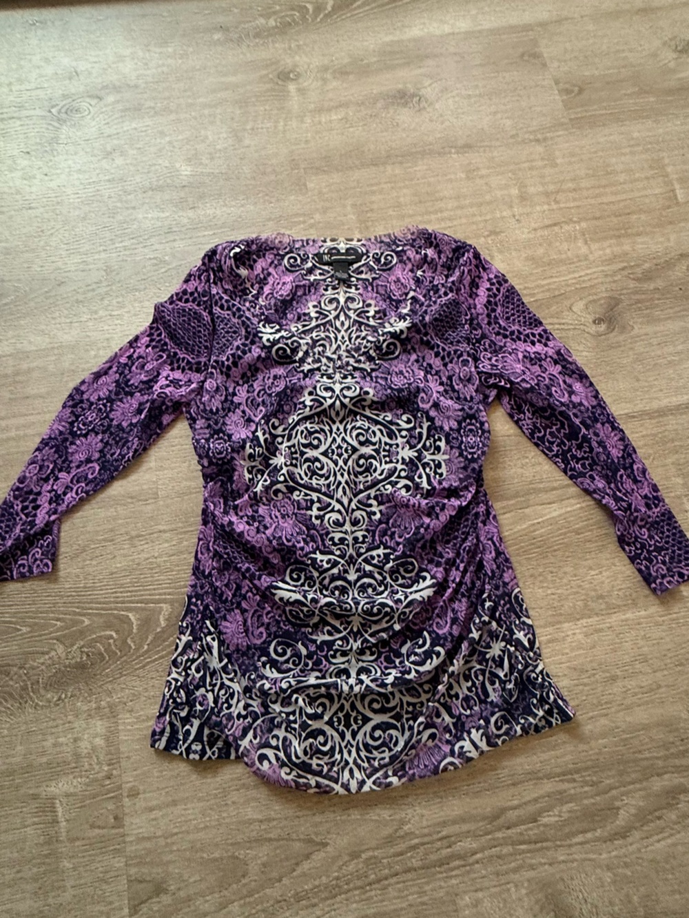INC International Concepts Purple and White Long Sleeve Patterned Top
